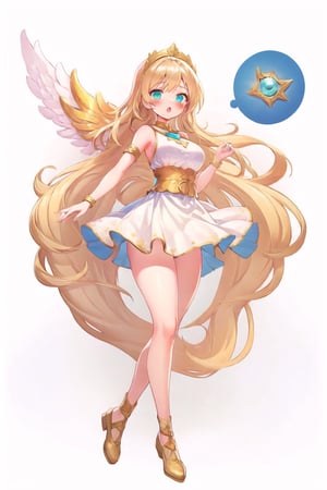 conceptual design, white background, 1girl, hair accessories, blonde hair, Aqua eyes, white dress, sleeveless, decoration, full body, :o, blushing, speech bubble, star, RafaDewi,Angel,RafaGoddess