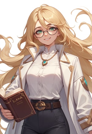 score_9, score_8_up, score_7_up, source_anime,  highly detailed, BREAK, 
  1girl,Layla, Round glasses, very long blonde hair, green eyes, White shirt with belt, black pants, necklace, lilotin, book, white coat White background, upper body, smile