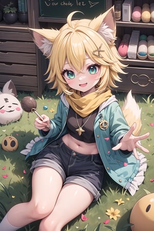 1 Girl, short blonde hair, brown animal ears, green eyes, hairpin, long yellow scarf, a strand of hair standing up, short black t-shirt, dark green short jacket, necklace, lollipop, shorts, sweet background, joy , "Elegant crystal, graceful curves, Filled with orange and white marble liquid to form a fox shape. The cat has big eyes and a long tail. Fluid cat silhouette with wavy and dynamic movements. Pastel flower petals floating Softly pink gradient background. Stylish thin lines anime and bright colors. Very detailed 8K resolution. Cute, short blonde hair, brown animal ears, green eyes, hairpin, yellow scarf, pendant, dark green jacket, short black t-shirt, shorts, cloth, necklace, black stockings, indoor background, Decoration, chalkboard, grass, flowers, colored_textDecoration, chalkboard, grass, flowers, text, joyml, messy hair, sitting, toys, scattered, Look up, A strand of hair stands up,Books, children's games, cloth, colorful pointed flags, cups, cakes, Happy, smiling, holding a toy car, Lying on the grass, from above 