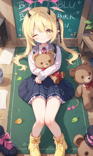 score_9, score_8_up, score_7_up, Teddy bear, Without_people, on the ground grass leaves flowers, fubukiBA,1 little girl in the room, sitting at the table, blackboard, write mixed text Ibuki, Yellow eyes, blonde hair, wrap skirt, clothes,ibuki-dress,ibuki-default,ibuki \(blue archive\), cuteloliface, closed mouth, One eye closed, hugging a star doll, lying on the floor, green carpet, from above,