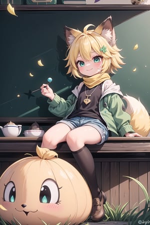 1 Girl, short blonde hair, brown animal ears, green eyes, hairpin, long yellow scarf, a strand of hair standing up, short black t-shirt, dark green short jacket, necklace, lollipop, shorts, sweet background, joy , "Elegant crystal, graceful curves, Filled with orange and white marble liquid to form a fox shape. The cat has big eyes and a long tail. Fluid cat silhouette with wavy and dynamic movements. Pastel flower petals floating Softly pink gradient background. Stylish thin lines anime and bright colors. Very detailed 8K resolution. Cute, short blonde hair, brown animal ears, green eyes, hairpin, yellow scarf, pendant, dark green jacket, short black t-shirt, shorts, cloth, necklace, black stockings, indoor background, Decoration, chalkboard, grass, flowers, colored_textDecoration, chalkboard, grass, flowers, text, joyml, messy hair, sitting, toys, scattered, Look up, A strand of hair stands up,Books, children's games, cloth, colorful pointed flags, cups, cakes, Happy, smiling, holding a toy car