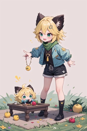 1 Girl, short blonde hair, brown animal ears, green eyes, hairpin, long yellow scarf, a strand of hair standing up, short black t-shirt, green short jacket, necklace, lollipop, shorts, sweet background, joy, "elegant crystal, graceful curves, Filled with orange and white marble fluid forming a fox shape, wavy and dynamic movement Floating pastel flower petals Anime soft pink gradient background and bright colors. Cute, short blonde hair, animal ears brown, hairpin, yellow scarf, pendant, green rolled up jacket, short black t-shirt, shorts, cloth, necklace, black stockings, indoor background, decoration, table, fruits, grass, flowers, colour_textDecoration, board write, grass, flowers, text, joyml, tousled hair, toys, scattered, Look for it, A strand of hair stands up,Books, children's games, cloth, colorful pointed flags, cups, cakes, Snotty, Red nose, standing, leaning against the wall, thin body, Slim Mouth open in smile 