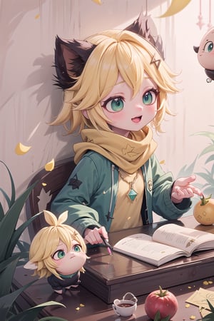 1 Girl, short blonde hair, brown animal ears, green eyes, hairpin, long yellow scarf, a strand of hair standing up, short black t-shirt, green short jacket, necklace, lollipop, shorts, sweet background, joy, "elegant crystal, graceful curves, Filled with orange and white marble fluid forming a fox shape, wavy and dynamic movement Floating pastel flower petals Anime soft pink gradient background and bright colors. Cute, short blonde hair, animal ears brown, hairpin, yellow scarf, pendant, green rolled up jacket, short black t-shirt, shorts, cloth, necklace, black stockings, indoor background, decoration, table, fruits, grass, flowers, colour_textDecoration, board write, grass, flowers, text, joyml, tousled hair, toys, scattered, Look for it, A strand of hair stands up,Books, children's games, cloth, colorful pointed flags, cups, cakes, Snotty, Red nose, standing, leaning against the wall, thin body, Slim Mouth open in smile 