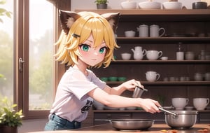 joyml, Inside the house there are messy things in the kitchen, small cupboard, flower pot window, 1 girl, short blonde hair, long brown animal ears, hair clips, short white t-shirt, green eyes, shorts, radio, detailed image, hd, smooth, ultra, 