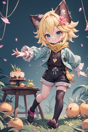 1 Girl, short blonde hair, brown animal ears, green eyes, hairpin, long yellow scarf, a strand of hair standing up, short black t-shirt, green short jacket, necklace, lollipop, shorts, sweet background, joy, "elegant crystal, graceful curves, Filled with orange and white marble fluid forming a fox shape, wavy and dynamic movement Floating pastel flower petals Anime soft pink gradient background and bright colors. Cute, short blonde hair, animal ears brown, hairpin, yellow scarf, pendant, green rolled up jacket, short black t-shirt, shorts, cloth, necklace, black stockings, indoor background, decoration, table, fruits, grass, flowers, colour_textDecoration, board write, grass, flowers, text, joyml, tousled hair, toys, scattered, Look for it, A strand of hair stands up,Books, children's games, cloth, colorful pointed flags, cups, cakes, Snotty, Red nose, standing, leaning against the wall, thin body, Slim Mouth open in smile 