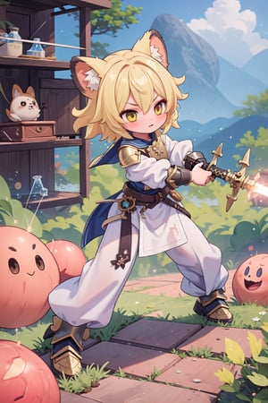 (masterpiece), (science fiction:1.4), light particles, 1girl, medium hair, sidelocks, yellow hair, brown animal ears, hairpin, action pose, fighting stance, weapon, holding a knight sword, joyml