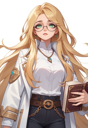 score_9, score_8_up, score_7_up, source_anime,  highly detailed, BREAK, 
  1girl,Layla, Round glasses, very long blonde hair, green eyes, White shirt with belt, black pants, necklace, lilotin, book, white coat White background, upper body, Anime styleCrossed arms, 