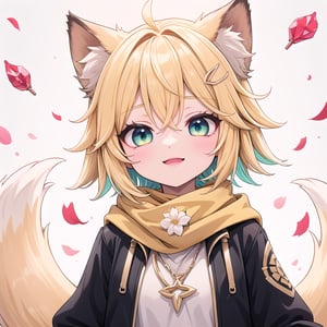 1 Girl, short blonde hair, brown animal ears, green eyes, hair clip, long yellow scarf, a piece of hair standing up, short black t-shirt, short dark green jacket, necklace, lollipop, shorts, Upper body, sweet white background,joyml, "Elegant crystal, graceful curves,Filled with marbled orange and white liquid forming a fox shape. Cat has large eyes and long tail. Fluid feline silhouette with wavy, dynamic motion. Pastel flower petals floating around Soft pink gradient background. Anime-style thin linework and vibrant colors. Glossy textures. Hyper-detailed 8K resolution. Masterpiece, best quality, sharp focus,watce, Happy, :p,