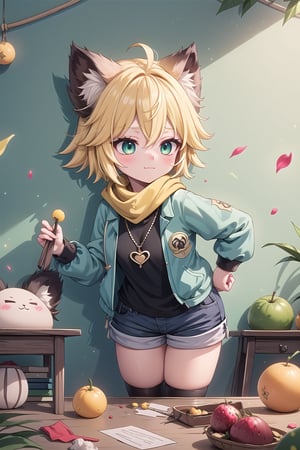 1 Girl, short blonde hair, brown animal ears, green eyes, hairpin, long yellow scarf, a strand of hair standing up, short black t-shirt, green short jacket, necklace, lollipop, shorts, sweet background, joy, "elegant crystal, graceful curves, Filled with orange and white marble fluid forming a fox shape, wavy and dynamic movement Floating pastel flower petals Anime soft pink gradient background and bright colors. Cute, short blonde hair, animal ears brown, hairpin, yellow scarf, pendant, green rolled up jacket, short black t-shirt, shorts, cloth, necklace, black stockings, indoor background, decoration, table, fruits, grass, flowers, colour_textDecoration, board write, grass, flowers, text, joyml, tousled hair, toys, scattered, Look for it, A strand of hair stands up,Books, children's games, cloth, colorful pointed flags, cups, cakes, :3, holding a piece of paper saying heart, Snotty, Red nose, standing, leaning against the wall, thin body, Slim 