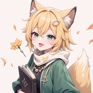 1 Girl, short blonde hair, brown animal ears, one closed  eyes, green eyes, hair clip, long yellow scarf, a piece of hair standing up, short black t-shirt, short dark green jacket, necklace, lollipop, shorts, Upper body, sweet white background,joyml, "Elegant crystal, graceful curves,Filled with marbled orange and white liquid forming a fox shape. Cat has large and long tail. Fluid feline silhouette with wavy, dynamic motion. Pastel flower petals floating around Soft pink gradient background. Anime-style thin linework and vibrant colors. Glossy textures. Hyper-detailed 8K resolution. Masterpiece, best quality, sharp focus,watce, Tongue sticking out, happy, From above, holding a book,