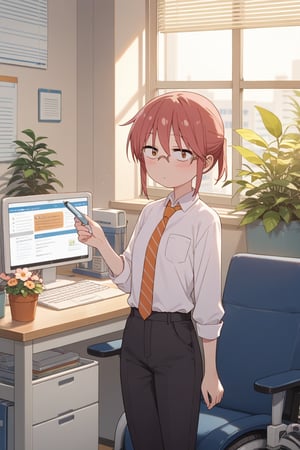 score_9, score_8_up, score_7_up, source_anime, rating_safe, blush, 1 girl, anime, Kobayashi, short ponytail red hair, glasses, eyes orange, White shirt, tie, black pants, office room, desk, wheelchair, computer, flower pot, caffeine 