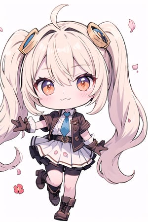 Layla_ML 1 Girl, chibi, orange eyes, very long twin ponytails, white shirt, tie, short brown jacket, short pleated skirt, black stockings, White background, wavy and dynamic movement Floating pastel flower petals Anime soft. Cute, Colorful pointed flag scribbles, beads :3, full body, Boots 