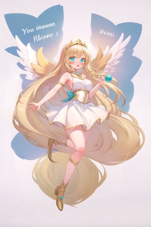 conceptual design, white background, 1girl, hair accessories, blonde hair, Aqua eyes, white dress, sleeveless, decoration, full body, :o, blushing, speech bubble, star, RafaDewi,Angel,RafaGoddess, Angel's Milestone 