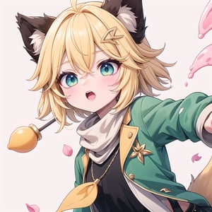 1 Girl, short blonde hair, brown animal ears, green eyes, hair clip, long yellow scarf, a piece of hair standing up, short black t-shirt, short dark green jacket, necklace, lollipop, shorts, Upper body, sweet white background,joyml, "Elegant crystal, graceful curves,Filled with marbled orange and white liquid forming a fox shape. Cat has large eyes and long tail. Fluid feline silhouette with wavy, dynamic motion. Pastel flower petals floating around Soft pink gradient background. Anime-style thin linework and vibrant colors. Glossy textures. Hyper-detailed 8K resolution. Masterpiece, best quality, sharp focus,watce, Happy, :o,