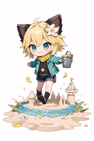 1 Girl chibi, short blonde hair, brown animal ears, green eyes, hairpin, long yellow scarf, a strand of hair standing up, short black t-shirt, green short jacket, joy, "wavy and dynamic movement Floating pastel flower petals Anime soft. Cute, short blonde hair, animal ears brown, hairpin, yellow scarf, pendant, green rolled up jacket, short black t-shirt, shorts, White background, Colorful pointed flag scribbles, beads :3, Sand, small bucket, sand castle 