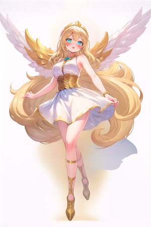 conceptual design, white background, 1girl, hair accessories, blonde hair, Aqua eyes, white dress, sleeveless, decoration, full body, :l, blushing, speech bubble, star, RafaDewi,Angel,RafaGoddess, Angel's Milestone 