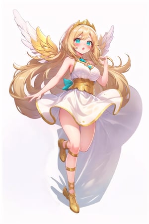 conceptual design, white background, 1girl, hair accessories, blonde hair, Aqua eyes, white dress, sleeveless, decoration, full body, :o, blushing, speech bubble, star, RafaDewi,Angel,RafaGoddess, Angel's Milestone 