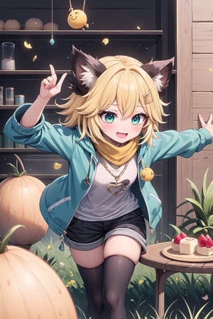 1 Girl, short blonde hair, brown animal ears, green eyes, hairpin, long yellow scarf, a strand of hair standing up, short black t-shirt, green short jacket, necklace, lollipop, shorts, sweet background, joy, "elegant crystal, graceful curves, Filled with orange and white marble fluid forming a fox shape, wavy and dynamic movement Floating pastel flower petals Anime soft pink gradient background and bright colors. Cute, short blonde hair, animal ears brown, hairpin, yellow scarf, pendant, green rolled up jacket, short black t-shirt, shorts, cloth, necklace, black stockings, indoor background, decoration, table, fruits, grass, flowers, colour_textDecoration, board write, grass, flowers, text, joyml, tousled hair, toys, scattered, Look for it, A strand of hair stands up,Books, children's games, cloth, colorful pointed flags, cups, cakes, Happy, smile, holding a piece of paper saying heart, Snotty, Red nose, standing, leaning against the wall, thin body, Slim 