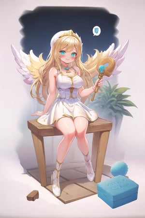 conceptual design, white background, 1girl, hair accessories, blonde hair, Aqua eyes, white dress, sleeveless, decoration, full body, smile, Sitting, flower, holding a sponge cake, blushing, speech bubble, star, RafaDewi,Angel,RafaGoddess, Angel's Milestone 