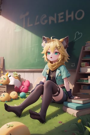 score_9, score_8_up, score_7_up,ANYA, 1 little girl, cute, short blonde hair, brown animal ears, green eyes, hairpin, yellow scarf, pendant, dark green jacket Short sleeves, fingerless gloves, short black t-shirt, shorts, cloth, necklace, black stockings, indoor background, Decoration, chalkboard, grass, flowers, colored_textDecoration, chalkboard, grass, flowers, text,joyml, messy hair, sitting, toys, scattered, Look up, Mobile toys, books on the ground, cups,