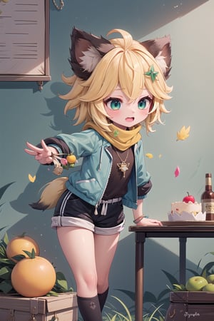 1 Girl, short blonde hair, brown animal ears, green eyes, hairpin, long yellow scarf, a strand of hair standing up, short black t-shirt, green short jacket, necklace, lollipop, shorts, sweet background, joy, "elegant crystal, graceful curves, Filled with orange and white marble fluid forming a fox shape, wavy and dynamic movement Floating pastel flower petals Anime soft pink gradient background and bright colors. Cute, short blonde hair, animal ears brown, hairpin, yellow scarf, pendant, green rolled up jacket, short black t-shirt, shorts, cloth, necklace, black stockings, indoor background, decoration, table, fruits, grass, flowers, colour_textDecoration, board write, grass, flowers, text, joyml, tousled hair, toys, scattered, Look for it, A strand of hair stands up,Books, children's games, cloth, colorful pointed flags, cups, cakes, Snotty, Red nose, standing, leaning against the wall, thin body, Slim