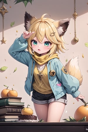 1 Girl, short blonde hair, brown animal ears, green eyes, hairpin, long yellow scarf, a strand of hair standing up, short black t-shirt, green short jacket, necklace, lollipop, shorts, sweet background, joy, "elegant crystal, graceful curves, Filled with orange and white marble fluid forming a fox shape, wavy and dynamic movement Floating pastel flower petals Anime soft pink gradient background and bright colors. Cute, short blonde hair, animal ears brown, hairpin, yellow scarf, pendant, green rolled up jacket, short black t-shirt, shorts, cloth, necklace, black stockings, indoor background, decoration, table, fruits, grass, flowers, colour_textDecoration, board write, grass, flowers, text, joyml, tousled hair, toys, scattered, Look for it, A strand of hair stands up,Books, children's games, cloth, colorful pointed flags, cups, cakes, Hands on head holding a piece of paper saying heart, Snotty, Red nose, standing, leaning against the wall, thin body, Slim 