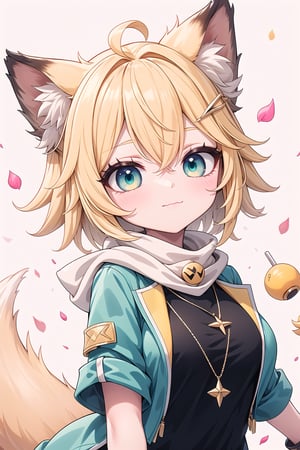 1 Girl, short blonde hair, brown animal ears, green eyes, hair clip, long yellow scarf, a piece of hair standing up, short black t-shirt, short dark green jacket, necklace, lollipop, shorts, Upper body, sweet :3, white background,joyml, "Elegant crystal, graceful curves,Filled with marbled orange and white liquid forming a fox shape. Cat has large eyes and long tail. Fluid feline silhouette with wavy, dynamic motion. Pastel flower petals floating around Soft pink gradient background. Anime-style thin linework and vibrant colors. Glossy textures. Hyper-detailed 8K resolution. Masterpiece, best quality, sharp focus,watce, 