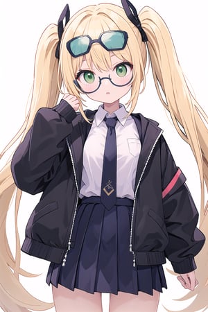 1 gril, green glasses on blonde hair twin ponytails very long white shirt tie short jacket pleated skirt green eyes 