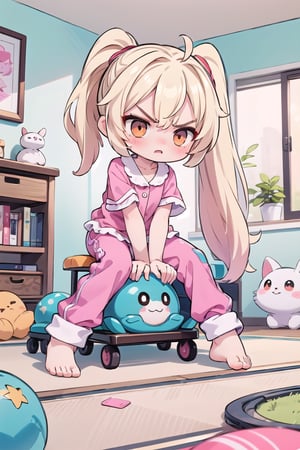 1 cute chibi girl, longest twin ponytail blonde hair, orange eyes, pink pajama outfit, pink pants, sitting on floor in bedroom, childish room design, toy train, masterpiece, detail, crawling pose, angry eyebrows, action looking for something,