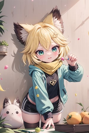 1 Girl, short blonde hair, brown animal ears, green eyes, hairpin, long yellow scarf, a strand of hair standing up, short black t-shirt, green short jacket, necklace, lollipop, shorts, sweet background, joy, "elegant crystal, graceful curves, Filled with orange and white marble fluid forming a fox shape, wavy and dynamic movement Floating pastel flower petals Anime soft pink gradient background and bright colors. Cute, short blonde hair, animal ears brown, hairpin, yellow scarf, pendant, green rolled up jacket, short black t-shirt, shorts, cloth, necklace, black stockings, indoor background, decoration, table, fruits, grass, flowers, colour_textDecoration, board write, grass, flowers, text, joyml, tousled hair, toys, scattered, Look for it, A strand of hair stands up,Books, children's games, cloth, colorful pointed flags, cups, cakes, :(, holding a piece of paper saying heart, Snotty, Red nose, standing, leaning against the wall, thin body, Slim 