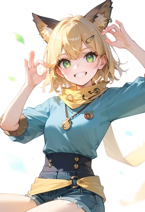 score_9, score_8_up, score_7_up, score_6_up, , score_5_up, , score_4_up, 
BREAK , 

masterpiece, best quality, Looking at the audience, 1girl solo, bangs,Joy, green eyes, Short blonde hair, brown animal ears, hair clips, long yellow scarf, lilotin necklace, jean shorts, cloth tie at waist, Upper body, sitting, White background, A strand of hair stands on end, Disgusting face pose