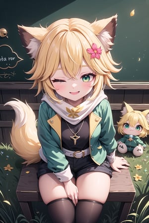 1 Girl, short blonde hair, brown animal ears, one eye closed, green eyes, hairpin, long yellow scarf, a strand of hair standing up, short black t-shirt, dark green short jacket, necklace, lollipop, shorts, sweet background, joy , "Elegant crystal, graceful curves, Filled with orange and white marble liquid to form a fox shape. The cat has big eyes and a long tail. Fluid cat silhouette with wavy and dynamic movements. Pastel flower petals floating Softly pink gradient background. Stylish thin lines anime and bright colors. Very detailed 8K resolution. Cute, short blonde hair, brown animal ears, green eyes, hairpin, yellow scarf, pendant, dark green jacket, short black t-shirt, shorts, cloth, necklace, black stockings, indoor background, Decoration, chalkboard, grass, flowers, colored_textDecoration, chalkboard, grass, flowers, text, joyml, messy hair, From above, sitting, toys, scattered, Look up, smile