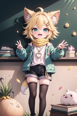 1 Girl, short blonde hair, brown animal ears, green eyes, hairpin, long yellow scarf, a strand of hair standing up, short black t-shirt, dark green short jacket, necklace, lollipop, shorts, sweet background, joy , "Elegant crystal, graceful curves, Filled with orange and white marble liquid to form a fox shape. The cat has big eyes and a long tail. Fluid cat silhouette with wavy and dynamic movements. Pastel flower petals floating Softly pink gradient background. Stylish thin lines anime and bright colors. Very detailed 8K resolution. Cute, short blonde hair, brown animal ears, hairpin, yellow scarf, pendant, dark green jacket, short black t-shirt, shorts, cloth, necklace, black stockings, indoor background, Decoration, chalkboard, grass, flowers, colored_textDecoration, chalkboard, grass, flowers, text, joyml, messy hair, toys, scattered, Look up, A strand of hair stands up,Books, children's games, cloth, colorful pointed flags, cups, cakes, Happy, smiling, holding A piece of heart greeting paper, Open mouth canine teeth,  Hands in trouser pockets, standing, leaning against the wall, Tongue out 