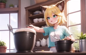 joyml, Inside the house there are messy things in the kitchen, small cupboard, flower pot window, 1 girl, short blonde hair, long brown animal ears, hair clips, short white t-shirt, green eyes, shorts, upper body, utensils, dishes, radio, detailed image, hd, smooth, ultra, A strand of hair stands up, Holding a rag, Clean windows, 