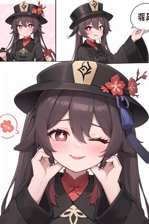 conceptual design, white background, 1girl, small waist, small breasts, Tongue out, smile  blushing, speech bubble, star, hu_tao, long hair, pupil shaped symbol, twintails, flower, hair in between eyes, long sleeves, hat, flower-shaped pupils, black headdress, very long hair, flower hat, chinese dress, One eye closed 