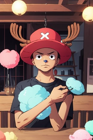 masterpiece, best quality, (detailed eyes, detailed background), absurdres, highres, highly detailed, masterpiece, best quality, black eyes, table, holding cotton candy, indoors ship, upper body, wearing red hat green t-shirt, deer antlers, Tony tony chopper,