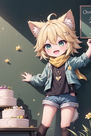 1 Girl, short blonde hair, brown animal ears, green eyes, hairpin, long yellow scarf, a strand of hair standing up, short black t-shirt, dark green short jacket, necklace, lollipop, shorts, sweet background, joy , "Elegant crystal, graceful curves, Filled with orange and white marble liquid to form a fox shape. The cat has big eyes and a long tail. Fluid cat silhouette with wavy and dynamic movements. Pastel flower petals floating Softly pink gradient background. Stylish thin lines anime and bright colors. Very detailed 8K resolution. Cute, short blonde hair, brown animal ears, hairpin, yellow scarf, pendant, dark green jacket, short black t-shirt, shorts, cloth, necklace, black stockings, indoor background, Decoration, chalkboard, grass, flowers, colored_textDecoration, chalkboard, grass, flowers, text, joyml, messy hair, toys, scattered, Look up, A strand of hair stands up,Books, children's games, cloth, colorful pointed flags, cups, cakes, Happy, smiling, holding A piece of heart greeting paper, Open mouth canine teeth,  Hands in trouser pockets, standing, leaning against the wall, Tongue out 