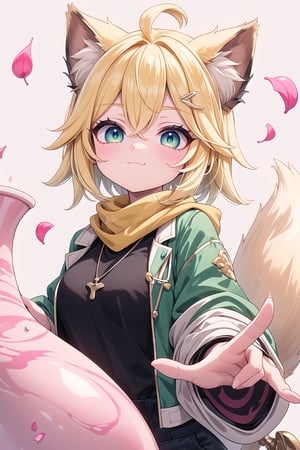 1 Girl, short blonde hair, brown animal ears, green eyes, hair clip, long yellow scarf, a piece of hair standing up, short black t-shirt, short dark green jacket, necklace, lollipop, shorts, Upper body, sweet :3, white background,joyml, "Elegant crystal, graceful curves,Filled with marbled orange and white liquid forming a fox shape. Cat has large eyes and long tail. Fluid feline silhouette with wavy, dynamic motion. Pastel flower petals floating around the vase. Soft pink gradient background. Anime-style thin linework and vibrant colors. Glossy textures. Hyper-detailed 8K resolution. Masterpiece, best quality, sharp focus,watce