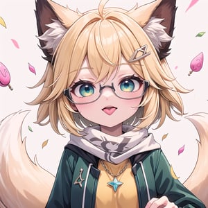 1 Girl, short blonde hair, brown animal ears, closed one eyes, green eyes, hair clip, long yellow scarf, a piece of hair standing up, short black t-shirt, short dark green jacket, necklace, lollipop, shorts, Upper body, sweet white background,joyml, "Elegant crystal, graceful curves,Filled with marbled orange and white liquid forming a fox shape. Cat has large eyes and long tail. Fluid feline silhouette with wavy, dynamic motion. Pastel flower petals floating around Soft pink gradient background. Anime-style thin linework and vibrant colors. Glossy textures. Hyper-detailed 8K resolution. Masterpiece, best quality, sharp focus,watce, Tongue sticking out, glasses  happy,