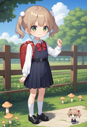 score_9, score_8_up, score_7_up, source_anime,  highly detailed, BREAK, 
  1girl,chibi,aged down,child,Shigure Ui(chibi),short hair,light brown hair,twintails,pom pom hair ornament,hair intakes,green eyes,school uniform,bangs,red bow,collared shirt,white shirt,long sleeves,randoseru,red backpack,belt,black dress,sleeveless dress,pleated dress,pinafore dress,flat chest,kneehighs,white socks,black footwear,uwabaki,Solo, garden grass wooden fence grass flowers mushrooms, blue sky clouds, Pose, smile, style anime, Black line, standing, happy