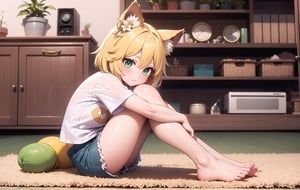 joyml, In the room there are messy things on the bed, carpet, small cupboard, flower pot window, 1 girl sitting on the floor, short blonde hair, long brown animal ears, hairpins, short white t-shirt, green eyes, pillows, toys, books, radio, detailed images, hd, smooth, ultra, Hugging feet