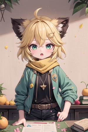 1 Girl, short blonde hair, brown animal ears, green eyes, hairpin, long yellow scarf, a strand of hair standing up, short black t-shirt, green short jacket, necklace, lollipop, shorts, sweet background, joy, "elegant crystal, graceful curves, Filled with orange and white marble fluid forming a fox shape, wavy and dynamic movement Floating pastel flower petals Anime soft pink gradient background and bright colors. Cute, short blonde hair, animal ears brown, hairpin, yellow scarf, pendant, green rolled up jacket, short black t-shirt, shorts, cloth, necklace, black stockings, indoor background, decoration, table, fruits, grass, flowers, colour_textDecoration, board write, grass, flowers, text, joyml, tousled hair, toys, scattered, Look for it, A strand of hair stands up,Books, children's games, cloth, colorful pointed flags, cups, cakes, :o, holding a piece of paper saying heart, Snotty, Red nose, standing, leaning against the wall, thin body, Slim 