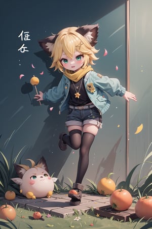 1 Girl, short blonde hair, brown animal ears, green eyes, hairpin, long yellow scarf, a strand of hair standing up, short black t-shirt, green short jacket, necklace, lollipop, shorts, sweet background, joy, "elegant crystal, graceful curves, Filled with orange and white marble fluid forming a fox shape, wavy and dynamic movement Floating pastel flower petals Anime soft pink gradient background and bright colors. Cute, short blonde hair, animal ears brown, hairpin, yellow scarf, pendant, green rolled up jacket, short black t-shirt, shorts, cloth, necklace, black stockings, indoor background, decoration, table, fruits, grass, flowers, colour_textDecoration, board write, grass, flowers, text, joyml, tousled hair, toys, scattered, Look for it, A strand of hair stands up,Books, children's games, cloth, colorful pointed flags, cups, cakes, Snotty, Red nose, standing, leaning against the wall, thin body, Slim