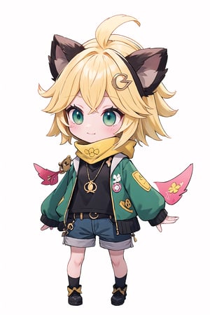 1 Girl chibi, short blonde hair, brown animal ears, green eyes, hairpin, long yellow scarf, a strand of hair standing up, short black t-shirt, green short jacket, joy, "wavy and dynamic movement Floating pastel flower petals Anime soft. Cute, short blonde hair, animal ears brown, hairpin, yellow scarf, pendant, green rolled up jacket, short black t-shirt, shorts, White background, Colorful pointed flag scribbles, beads 