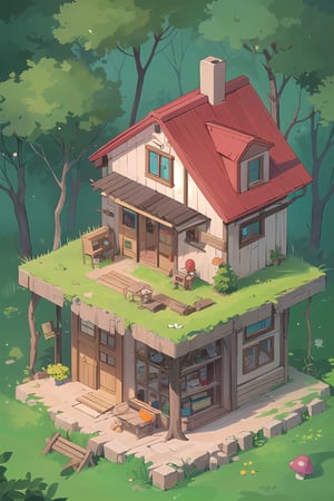 In the forest, small hill, in the middle of the forest, there is a mushroom-shaped house, windows, doors, house shaped mushroom, ,ISO_SHOP,isometric