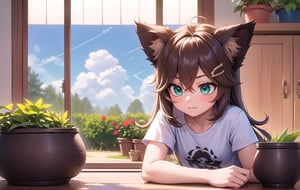 joyml, Inside the house there are messy things in the kitchen, small cupboard, flower pot window, 1 girl, with Garden, clouds,long brown animal ears, hair clips, short white t-shirt, green eyes,  detailed image, hd, smooth, ultra, 