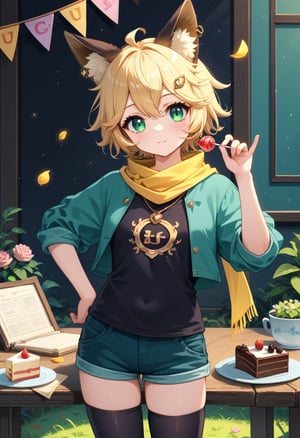 score_9, score_8_up, score_7_up, score_6_up, , score_5_up, , score_4_up, 
BREAK , 

1Girl, short blonde hair, brown animal ears, green eyes, hairpin, long yellow scarf, a strand of hair standing up, short black t-shirt, green short jacket, necklace, lollipop, shorts, sweet background, joy, "elegant crystal, graceful curves, Filled with orange and white marble fluid forming a fox shape, wavy and dynamic movement Floating pastel flower petals Anime soft pink gradient background and bright colors. Cute, short blonde hair, animal ears brown, hairpin, yellow scarf, pendant, green rolled up jacket, short black t-shirt, shorts, cloth, necklace, black stockings, indoor background, decoration, table, fruits, grass, flowers, colour_textDecoration, board write, grass, flowers, text, joyml, tousled hair, toys, scattered, Look for it, A strand of hair stands up,Books, children's games, cloth, colorful pointed flags, cups, cakes, Snotty, Red nose, standing, leaning against the wall, thin body, Slim, Small body,Joy