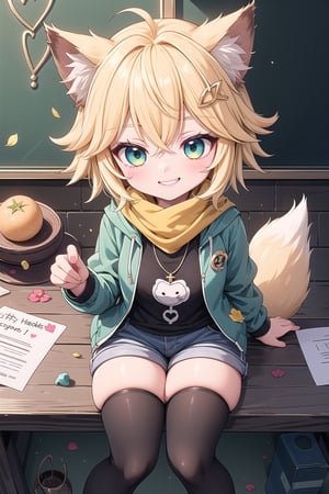 1 Girl, short blonde hair, brown animal ears, green eyes, hairpin, long yellow scarf, a strand of hair standing up, short black t-shirt, dark green short jacket, necklace, lollipop, shorts, sweet background, joy , "Elegant crystal, graceful curves, Filled with orange and white marble liquid to form a fox shape. The cat has big eyes and a long tail. Fluid cat silhouette with wavy and dynamic movements. Pastel flower petals floating Softly pink gradient background. Stylish thin lines anime and bright colors. Very detailed 8K resolution. Cute, short blonde hair, brown animal ears, hairpin, yellow scarf, pendant, dark green jacket, short black t-shirt, shorts, cloth, necklace, black stockings, indoor background, Decoration, chalkboard, grass, flowers, colored_textDecoration, chalkboard, grass, flowers, text, joyml, messy hair, sitting, toys, scattered, Look up, A strand of hair stands up,Books, children's games, cloth, colorful pointed flags, cups, cakes, Happy, smiling, holding A piece of heart greeting paper , from above, grinning, Table, hot chocolate