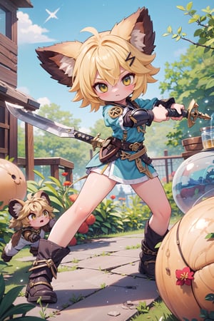 (masterpiece), (science fiction:1.4), light particles, 1girl, medium hair, sidelocks, yellow hair, brown animal ears, hairpin, action pose, fighting stance, weapon, holding a knight sword, joyml
