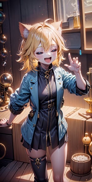 (masterpiece), (science fiction:1.4), light particles, 1girl, medium hair, sidelock, yellow hair, closed eyes, o_o eyes pose, cat ears, happy pose, open mouth pose, joyml